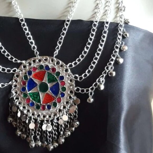 Ethnic Multilayers Bib Necklace, Tribal Silver Bib Necklace, Kuchi Boho Jewelry - Picture 5 of 5